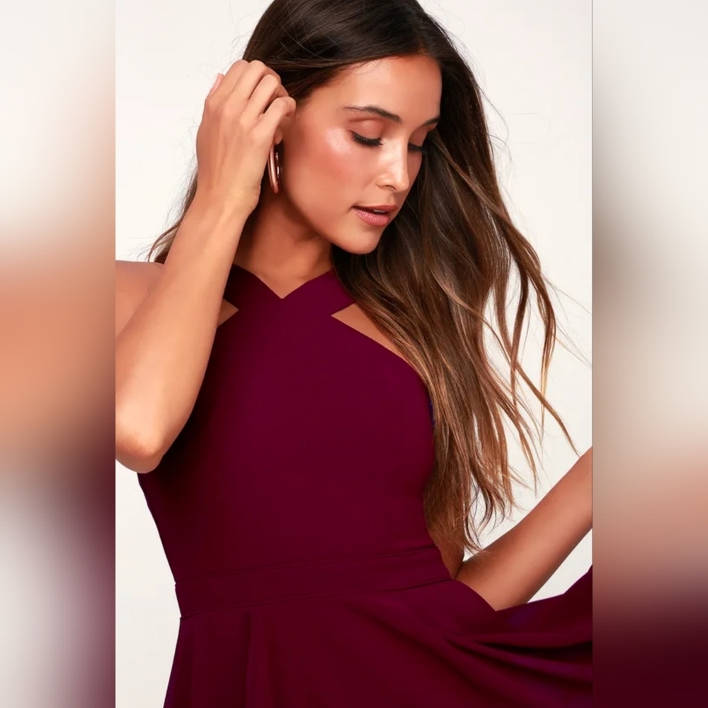 Lulus | Forevermore Burgundy Skater Dress | Size L - Picture 3 of 6